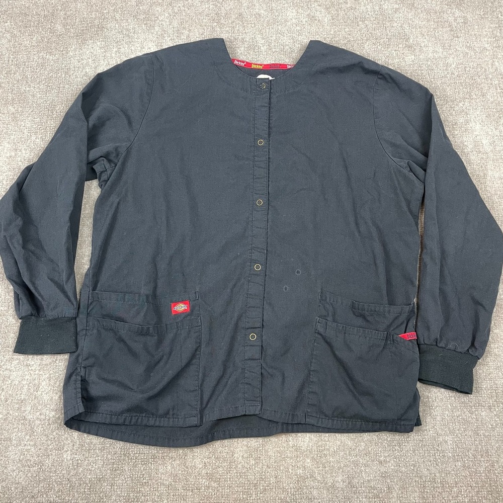 Dickies Medical Scrub Top Unisex Medium Black Ribbed Cuffs Pockets Snap Front
